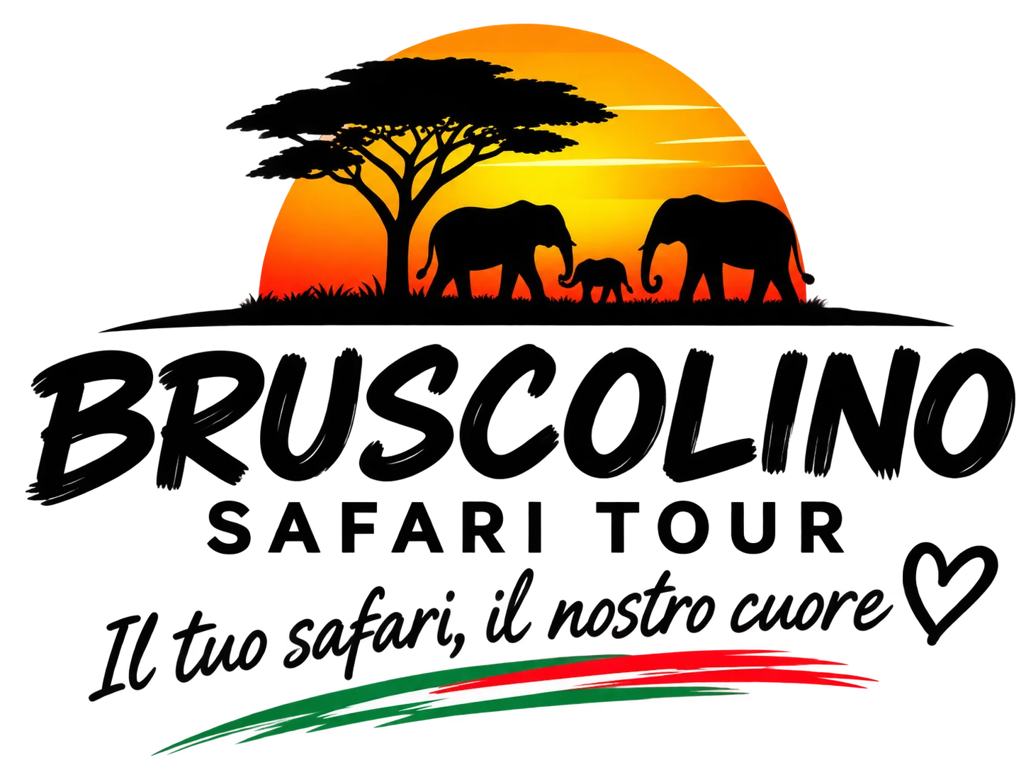 Logo Bruscolino Safari Tour con elefanti al tramonto
